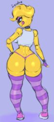 animatronic ass back_view female five_nights_at_freddy's looking_at_viewer looking_back robot robot_girl saidra smug solo standing tank_top thick_thighs thighhighs thong thunder_thighs toy_chica_(eroticphobia) toy_chica_(fnaf) underwear