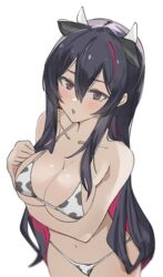 1girls absurdres anemone_(anemone-re) animal_ears animal_print bangs black_hair blush breast_hold breasts brown_eyes cleavage collarbone colored_inner_hair commentary cow_ears cow_girl cow_horns cow_print cowboy_shot eyebrows_visible_through_hair female genderswap_(mtf) gradient_eyes hair_between_eyes hand_on_own_chest highres horns large_breasts long_hair looking_at_viewer multicolored multicolored_eyes multicolored_hair navel open_mouth red_eyes red_hair ren_(witch's_weapon) rule_63 shadow sidelocks simple_background solo string_bikini two-tone_hair very_long_hair white_background witch's_weapon