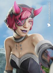 1girls 3d 3d_(artwork) 4k alternate_costume apex_legends bare_arms bare_shoulders cleavage clothed collarbone corset cyberpunked_wattson eye_patch female female_focus female_only francis_brown helmet horn horns lipstick pink_eyes pink_hair selfie short_hair solo solo_female solo_focus wattson_(apex_legends)