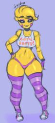 animatronic five_nights_at_freddy's front_view looking_at_viewer robot robot_girl saidra smug solo standing tank_top thick_thighs thighhighs thong thunder_thighs toy_chica_(eroticphobia) toy_chica_(fnaf)