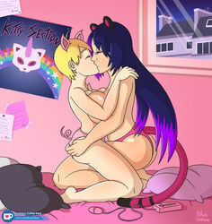 2girls animal_tail architecture bed bedroom big_breasts blonde_hair blueumbra breasts closed_eyes cosplay cuddling duo eyelashes female female_only house hugging indoor indoors juleka_couffaine kissing miraculous_ladybug multiple_girls notes pig_ears pig_tail pillow poster purple_hair rainbow rose_lavillant sex_toy signature small_breasts tiger_ears tiger_tail watermark yuri