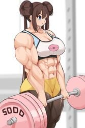 abs alternate_breast_size bare_shoulders big_muscles blue_eyes breasts brown_hair busty deadlift extreme_muscles female large_breasts muscles musctonk muscular muscular_female navel nintendo pokemon pokemon_bw2 rosa_(pokemon) solo weightlifting weights