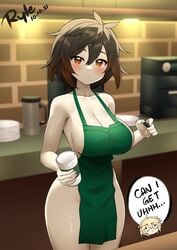 aether_(genshin_impact) amber_eyes apron_only big_breasts blush breasts brown_eyes brown_hair english_text genderswap_(mtf) genshin_impact iced_latte_with_breast_milk meme nipples rule_63 ryle starbucks thick_thighs thighs yellow_eyes zhongli_(genshin_impact) zhongli_jiejie