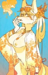 2017 5_fingers anthro asian_clothing blue_background breasts canid canine canis clothed clothing domestic_dog east_asian_clothing edit female fingers fur genitals hair japanese_clothing kemono kimono long_hair looking_at_viewer mammal medium_breasts moyamoya_kuroi navel nipples orange_eyes pussy simple_background smoking solo