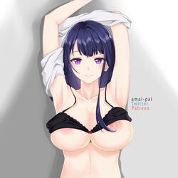 1girls absurdres amai-pai armpits bra bra_lift bra_slip breasts cleavage clothes_removed female genshin_impact highres large_breasts partially_undressed purple_eyes purple_hair raiden_shogun seductive_smile smile solo underwear undressing upper_body