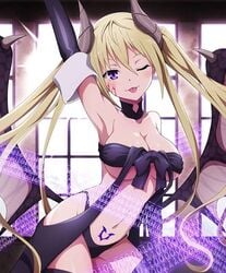 arm_up belly belly_button big_breasts black_panties blonde blonde_hair bra breasts cleavage collar demon_girl demon_horns demon_wings female female_focus female_only horns lieselotte_sherlock looking_at_viewer markings panties pigtails pose posing pubic_tattoo purple_eyes ribbons seductive_look seductive_pose stockings stocks succubus succubus_horns succubus_tattoo succubus_wings thick_thighs thighs tongue_out trinity_seven underboob white_skin wink winking winking_at_viewer yellow_hair