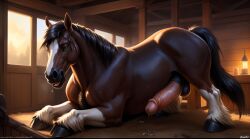 1boy ai_generated anthro balls bottomless brown_body cum cum_on_lower_body cum_on_penis cum_on_self ejaculation equine equine_humanoid equine_penis erect_penis erection holding_penis hoodie horse horse_penis horsecock horseman huge_cock male male_only muscular_male penis smile solo solo_focus solo_male stable_diffusion tagme topwear veiny_penis