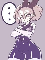 ... 1girls abs bea_(pokemon) bodysuit cameltoe eye_contact female hair_ribbon kaikoinu looking_at_viewer monochrome nintendo pokemon pokemon_ss pussy short_hair solo speech_bubble standing sweat thick_thighs thighs wide_hips