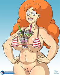 blueumbra bubble_tea bubble_tea_challenge cameltoe clitoris drink female ginger_hair glasses gradient_background hand_on_hip hips huge_breasts lips lipstick navel pussy rebecca_(blueumbra) see-through see_through_clothing signature simple_background solo sweating swimsuit thick tummy watermark