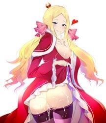 beatrice_(re:zero) blonde_hair blush cum cum_in_ass cum_on_breasts cum_on_face cum_on_upper_body heart licking_lips licking_own_lips long_hair looking_at_viewer looking_back looking_back_at_viewer nipples re:zero_kara_hajimeru_isekai_seikatsu red_dress semen showing_ass simple_background striped_legwear symbol-shaped_pupils thighs white_background