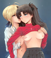 2girls ahoge artist_name artoria_pendragon black_hair black_ribbon blonde_hair blue_eyes blush breast_grab breasts breasts_out clothes_lift dated eyes_half_open fate/stay_night fate_(series) female female_focus female_only french_braid grabbing green_eyes hair_ribbon licking long_hair medium_breasts multiple_girls nipples open_clothes red_sweater ribbon saber senasky skirt sweater sweater_lift tohsaka_rin tongue tongue_out twintails white_shirt yuri