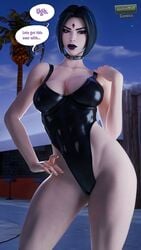 1girls 3d 3d_(artwork) alternate_version_available breasts choker collar dc dc_comics english_text female female_only forehead_jewel fortnite goth goth_girl leather_choker leather_collar looking_at_viewer one-piece_swimsuit pool poolside purple_lipstick rachel_roth raven_(dc) raven_(fortnite)_(dc) shiny_clothes shiny_swimsuit solo swimsuit talking_to_viewer teen_titans text titans wotm8h8