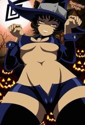 amber_eyes belly_button blair_(soul_eater) breasts catgirl cosplay costume halloween jack-o'-lantern kali_belladonna milf moon pumpkin pussy pussy_visible_through_clothes rooster_teeth rwby smiling soul_eater spellcaster_knight witch_hat