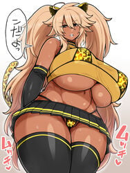 bikini bikini_under_clothes blonde_hair breasts cameltoe dark-skinned_female dark_skin elbow_gloves fake_animal_ears fake_tail gloves gradient_background gyaru huge_breasts inverted_nipples kurokagami_ryuuko leopard_print miniskirt navel nipples original otogi_tetsurou see-through skimpy skirt solo thick_thighs thighhighs twintails underboob venus_body very_long_hair wide_hips