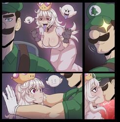 1boy 1girls big_breasts boo_(mario) boosette breasts crown female ghost ghost_girl gloves hat human kissing large_breasts light-skinned_female light-skinned_male light_skin long_hair long_tongue luigi luigi's_mansion male_human/female_ghost mario_(series) muscular_male mustache new_super_mario_bros._u_deluxe nintendo purple_eyes shybred shykactus surprised sweat white_hair