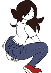 1girls artist_request ass ass_focus big_ass brown_hair clothing color female jaiden jaiden_animations jeans long_hair looking_at_viewer looking_back solo squatting twerking unhappy_female white_background white_skin youtube youtuber