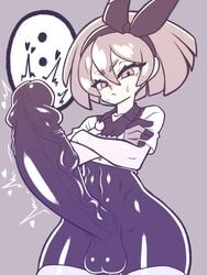 ... 1futa abs ass balls bea_(pokemon) big_ass big_balls bodysuit clothed clothing erection eye_contact fully_clothed futa_only futanari hair_ribbon huge_cock human intersex kaikoinu large_penis latex latex_bodysuit latex_futa latex_suit latex_vagina looking_at_viewer monochrome nintendo penis pokemon pokemon_ss pussy short_hair solo speech_bubble standing sweat testicles thick_thighs thighs tight_fit veiny_penis wide_hips