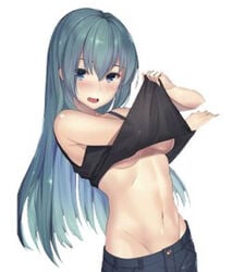 blue_eyes blue_hair no_bra top_lift trousers