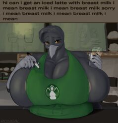 anthro apron apron_only areola areola_slip avian big_breasts bird bistup breasts cleavage clothed clothing corvid corvus_(genus) crow cup dialogue english_text female hi_res holding_cup holding_object huge_breasts hyper hyper_breasts iced_latte_with_breast_milk meme mostly_nude oscine passerine solo text tori_cro_(bistup)