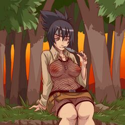 bangs bodysuit breasts brown_eyes brown_jacket female fishnet_bodysuit fishnets forehead_protector grass hair_between_eyes highres holding holding_weapon in_mouth jacket jewelry kunai long_hair long_sleeves looking_at_viewer mitarashi_anko naruto naruto_(series) navel necklace ninja nipples oerba_yun_fang on_floor open_clothes open_jacket outdoors plague_of_gripes ponytail purple_hair sitting smile sunset third-party_edit tree weapon