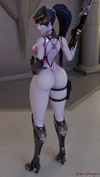 1girls 3d amelie_lacroix ass bare_arms bare_thighs blizzard_entertainment boots female female_only goggles gun high_heel_boots high_heels large_ass looking_to_the_side massive_ass overwatch overwatch_2 purple_skin sniper solo tattoo thick_thighs thigh_strap thighs vonsvaigen widowmaker