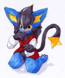 blue_fur blush bottomless feline fen furry luxray open_mouth pawpads penis pokemon pokemon_(species) pokemon_dppt solo tail vest yellow_eyes