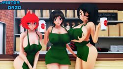 3d apron black_hair breast brown_hair embarrassed huge_breasts iced_latte_with_breast_milk meme mikumikudance misterorzo mmd naked_apron red_hair sara_naomi_scarlet zoe_silver