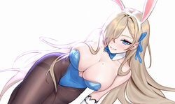 1girls 2021 animal_ears asuna_(blue_archive) asuna_(bunny)_(blue_archive) bangs bare_shoulders black_legwear blue_archive blue_bow blue_eyes blue_leotard blue_neckwear blue_ribbon blush bow bowtie breasts cleavage commentary_request covered_nipples detached_collar elbow_gloves fake_animal_ears female female_focus female_only gloves grin hair_over_one_eye hair_ribbon highres large_breasts leotard light_brown_hair long_hair looking_at_viewer lying millennium_science_school_student mole mole_on_breast on_side pantyhose parted_lips playboy_bunny rabbit_ears ribbon simple_background siun smile solo solo_female solo_focus teeth thighs very_long_hair white_background white_gloves