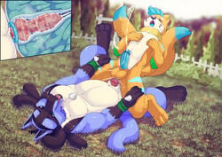 anal anal_sex anthro blue_eyes blue_hair blurred_background bodily_fluids bodily_fluids_in_ass buizel cum cum_inside cumshot digital_media_(artwork) duo ejaculation fan_character furryratchet genital_fluids hair half-closed_eyes internal knot lucario male male/male narrowed_eyes nintendo open_mouth orgasm orgasm_face penetration pokemon pokemon_(species) shaded video_games