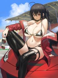 1girls 2020 absurdres arm_support azur_lane bangs bare_shoulders bikini black_bikini black_choker black_hair black_legwear breasts choker cleavage eyewear_removed female female_focus female_only ferrari_f8_tributo hair_between_eyes highres holding holding_eyewear jacket large_breasts long_hair looking_at_viewer navel outdoors race_queen red_eyes red_jacket sitting solo solo_female solo_focus sunglasses sunglasses_removed swimsuit taihou_(azur_lane) taihou_(enraptured_companion)_(azur_lane) thighhighs urrrt