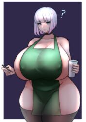 1girls apron beauty_mark blue_eyes choker chubby huge_breasts iced_latte_with_breast_milk meme mole mole_under_mouth naked naked_apron nantene plump short_hair stockings thick_thighs thunder_thighs venus_body voluptuous wide_hips