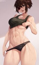 1girls 2021 abs big_breasts breasts eye_patch eyepatch female heart hips iwbitu kamoi_tsubame large_breasts looking_at_viewer midriff muscles muscular_female navel open_mouth panty_pull shirt_lift solo sweat thick_thighs uchi_no_maid_ga_uzasugiru! underwear wide_hips