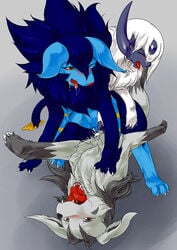 2014 absol black_fur blue_fur blush canine closed_eyes cum feline fen furry luxray mightyena multi_nipple nintendo no_humans open_mouth pokemon pokemon_(species) pokemon_dppt pokemon_rse quadruped saliva white_fur wink