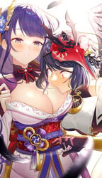 2girls black_elbow_gloves black_gloves black_long_gloves blue_hair blush breasts breasts_in_face dega1028 elbow_gloves face_in_breasts genshin_impact gloves japanese_clothes kujou_sara large_breasts long_gloves multiple_girls purple_eyes purple_hair raiden_shogun yellow_eyes yuri