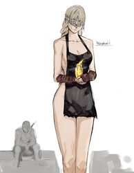 1girls 1male apron apron_only armor bandage bandaged_arm blindfold braided_hair cleavage clothed clothed_male clothed_male_nude_female collarbone dark_souls dark_souls_3 estus_flask female female_focus fire_keeper fromsoftware gem hawkwood_the_deserter hips long_hair male naked naked_apron nude nude_female sitting standing white_background wide_hips yourfreakyneighbour