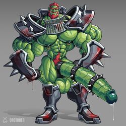 1boy armor balls bars big_balls big_penis boner erection male male_only muscles muscular muscular_male orc orc_male penis precum precum_drip solo veiny_penis wolfiecanem