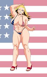 abs american_flag_bikini blonde_female blonde_hair blue_eyes cathleen_bate feet high_heels light-skinned_female mfuncen muscular_female my_hero_academia star_and_stripe_(my_hero_academia) thick_thighs