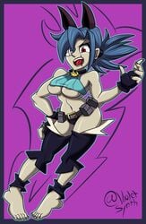 barefoot blue_hair cameltoe cat_ears crop_top erect_nipples eye_patch feet female female_focus female_only fit_female nadia_fortune_(cosplay) open_mouth scar skullgirls squished_breasts thighs underboob valentine_(skullgirls) violetsynth