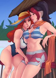 2girls abs alternate_costume bikini clothed_female clothing duo earrings female female_only fiora_laurent fizzz high_resolution highres hoop_earrings league_of_legends long_hair miss_fortune multiple_girls muscles muscular muscular_female outside pool_party pool_party_fiora pool_party_miss_fortune pool_party_series red_hair swimsuit yuri