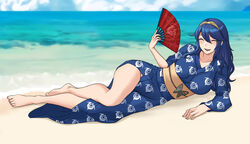 1girls alternate_costume bare_legs bbk_(13zk) beach blue_eyes breasts bushidokuroi closed_eyes fan fire_emblem fire_emblem_awakening japanese_clothes long_hair lucina_(fire_emblem) medium_breasts ocean on_side open_mouth sand seaside smile solo tiara