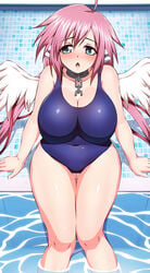 1girls 2021 alternate_version_available angel_wings blue-senpai blue_eyes blush breasts collar female female_only hair_ribbon huge_breasts ikaros long_hair looking_at_viewer open_mouth pink_hair pool poolside shiny_skin solo sora_no_otoshimono swimsuit twintails wings