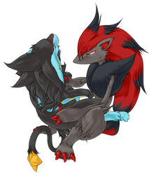 blue_eyes blue_fur claws closed_eyes fen furry grey_background luxray no_humans pokémon_(species) pokemon pokemon_(species) pokemon_bw pokemon_dppt red_hair tail tongue_out zoroark