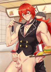 censor_bar censored_penis cock diluc_(genshin_impact) diluc_(kfc)_(genshin_impact) fries gay genshin_impact hamburger in_public kfc male_only masturbation penis red_eyes red_hair red_pubic_hair serving_tray tied_hair vest