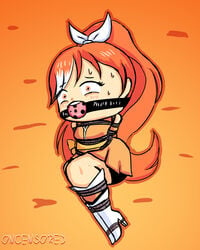 1girls ball_gag bondage crunchyroll crunchyroll-hime female female_focus gag high_heel_boots high_heels light-skinned_female light_skin oncensored orange_and_white orange_eyes orange_hair ponytail rope_bondage solo solo_female solo_focus