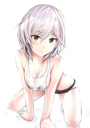 all_fours bare_shoulders black_bra black_panties blue_eyes blush bra breasts cleavage eyebrows eyebrows_visible_through_hair eyelashes female female_only hair_between_eyes looking_at_viewer nannacy7 panties short_hair silver_hair simple_background smile tank_top white_background