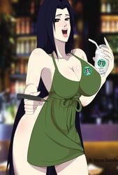 1girls apron apron_only big_breasts black_eyes blue_hair breasts busty cleavage clothed_female cup curvaceous drink female female_only functionally_nude iced_latte_with_breast_milk impuredoncelle looking_at_viewer mature mature_female meme milf naked_apron naruto naruto_(classic) naruto_(series) naruto_shippuden naughty_face no_underwear open_mouth pencil solo solo_focus straw tongue tongue_out uchiha_mikoto waitress wide_hips