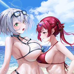 asymmetrical_docking beach bikini breast_contest breast_press breasts commentary_request duo duo_focus eyewear_on_head female female_focus female_only from_side halter_top halterneck highres hololive hololive_fantasy hololive_japan houshou_marine huge_breasts leaning_forward mole mole_on_breast natsugou_shinogi ocean red_bikini red_eyes shirogane_noel sideboob silver_hair size_difference string_bikini summer sunglasses swimsuit upper_body virtual_youtuber white_bikini