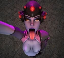 1girls 3d ambiguous_prey belly big_belly bloated bloated_belly breasts female hand_on_belly mouth nipples open_mouth overwatch purple_skin salamoun same_size_vore tongue vore widowmaker