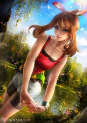 1girls arms axsens bare_shoulders belt beltskirt blue_eyes bra bracelet breasts brown_hair clothed clothing cute cute_face female female_focus female_only fit fit_female forest game_freak headwrap hips lake looking_at_viewer may_(pokemon) may_(pokemon_oras) medium_breasts medium_hair nature nintendo pokemon pokemon_oras pond realistic shirt shorts sleeveless_shirt slim_girl small_breasts smile solo solo_female solo_focus sports_bra standing stretching stretching_arms thighs toned toned_female trees water