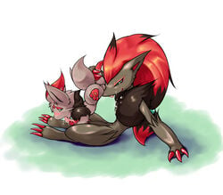 2boys blush claws fen fox furry green_eyes grey_fur licking_penis male male_only no_humans pawpads pokemon pokemon_(species) pokemon_bw red_hair size_difference tail zoroark zorua